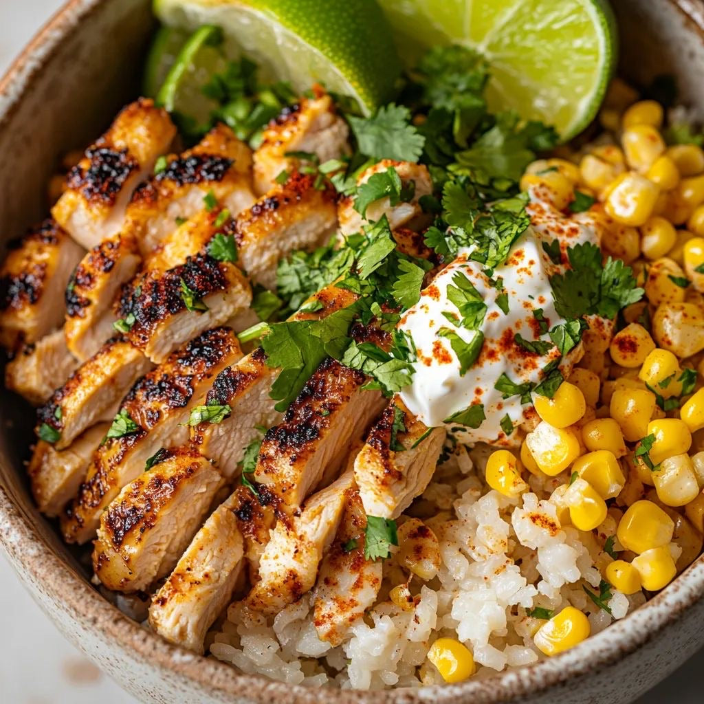 Jewel's Cuisine meal prep — grilled chicken bowl with cilantro-lime rice, street corn, and fresh lime