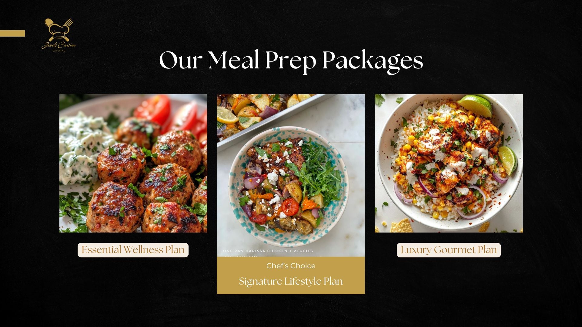 Jewel's meal prep packages — Essential Wellness, Signature Lifestyle, and Luxury Gourmet plans, each with a plated dish